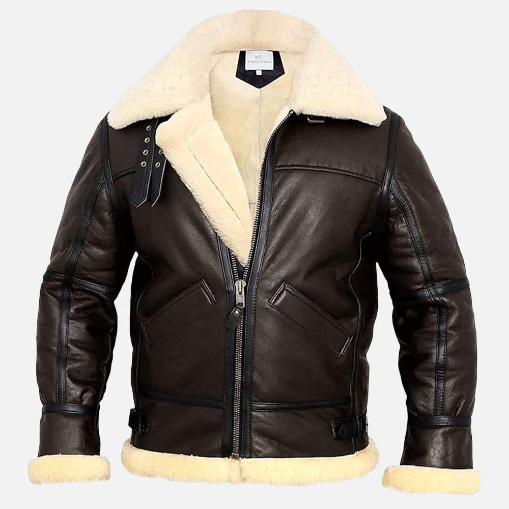 Brown leather jacket with white fur lining on a light gray background