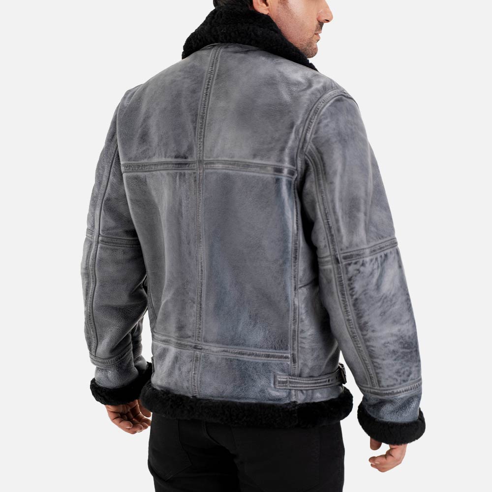 Trentino B3 Distressed Grey Real Shearling Bomber Jacket  back view