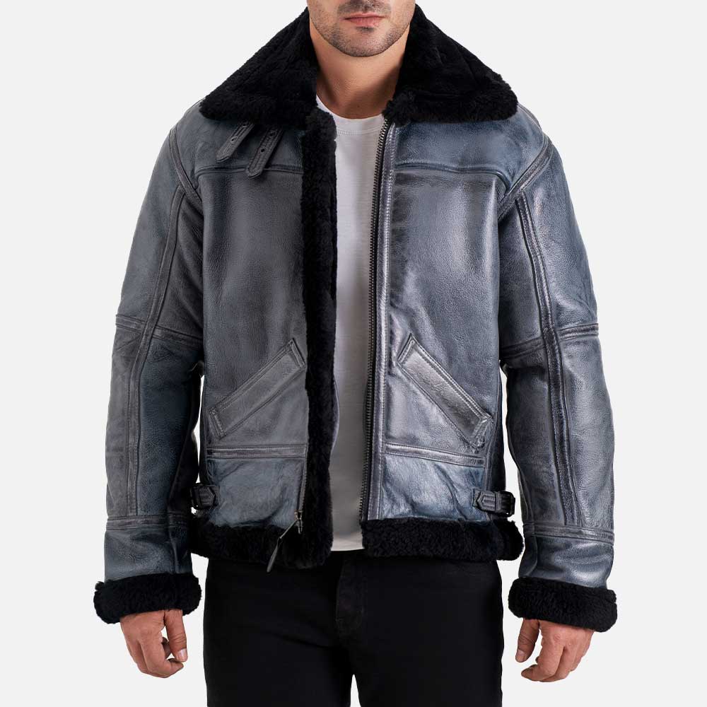  Trentino B3 Distressed Grey Real Shearling Bomber Jacket front 