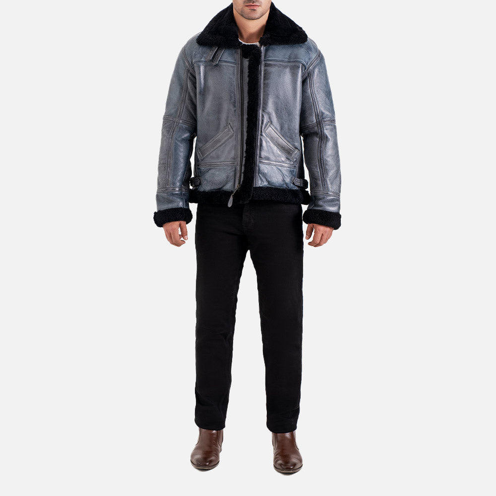Trentino B3 Distressed Grey Real Shearling Bomber Jacket full front
