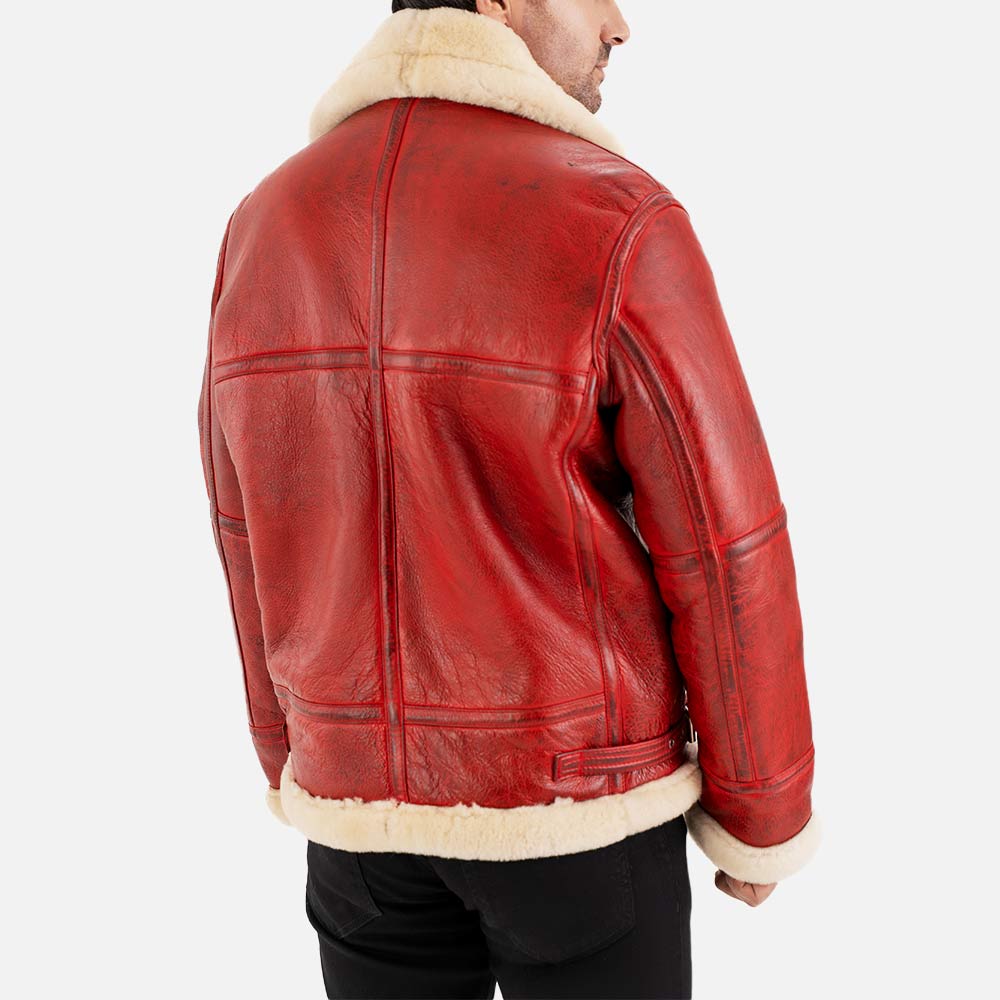 Trentino B3 Distressed Red Real Shearling Bomber Jacket back 