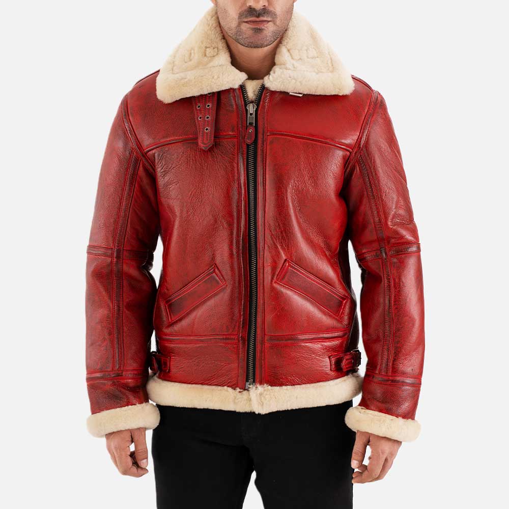 Trentino B3 Distressed Red Real Shearling Bomber Jacket back view