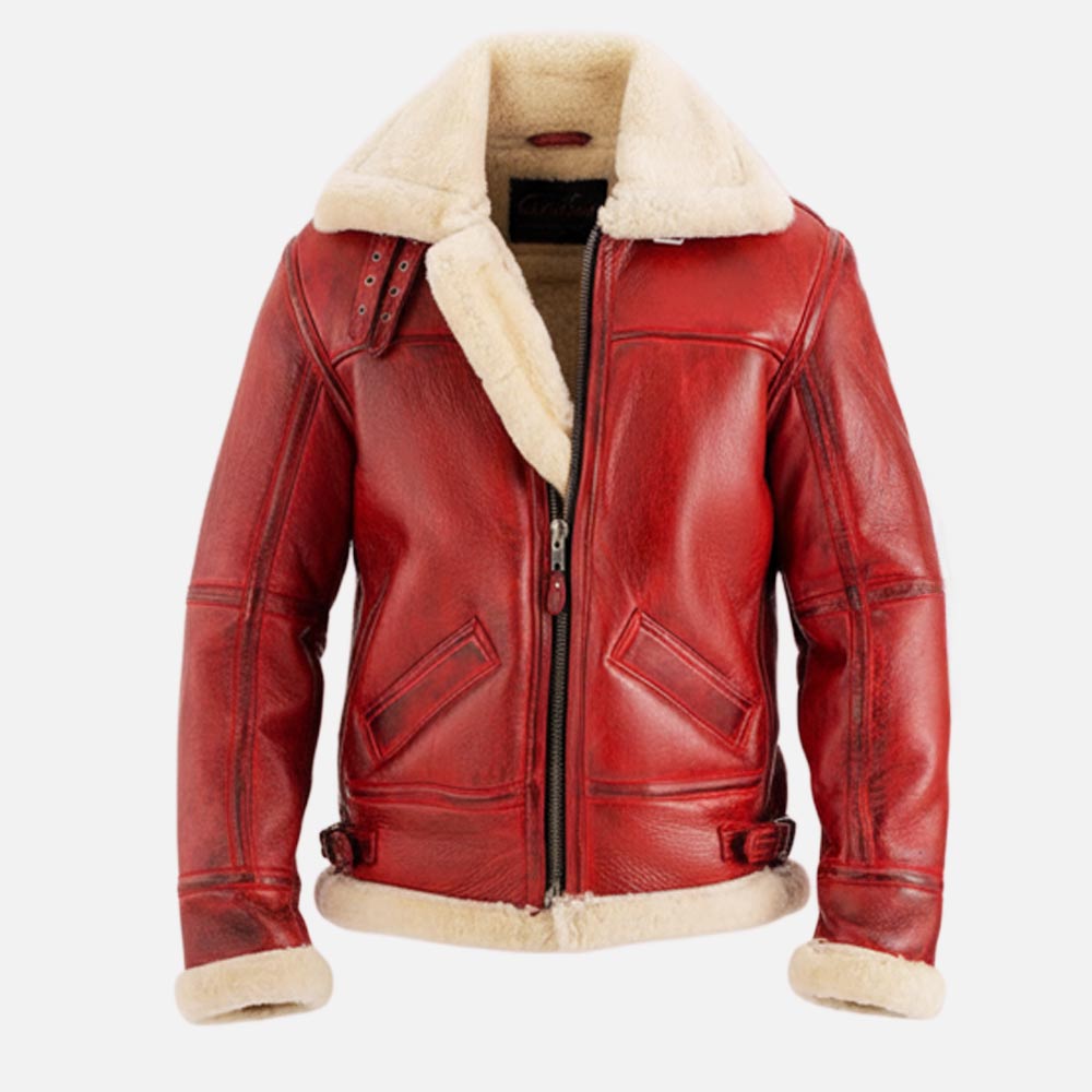 Trentino B3 Distressed Red Real Shearling Bomber Jacket front 