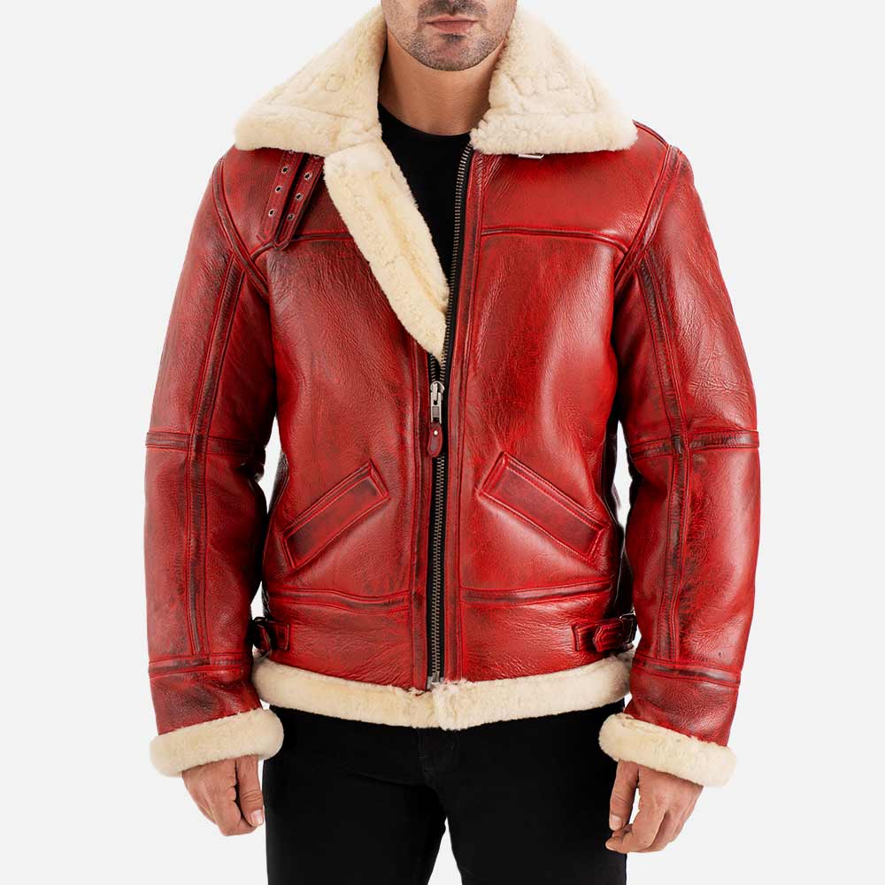 Trentino B3 Distressed Red Real Shearling Bomber Jacket front view