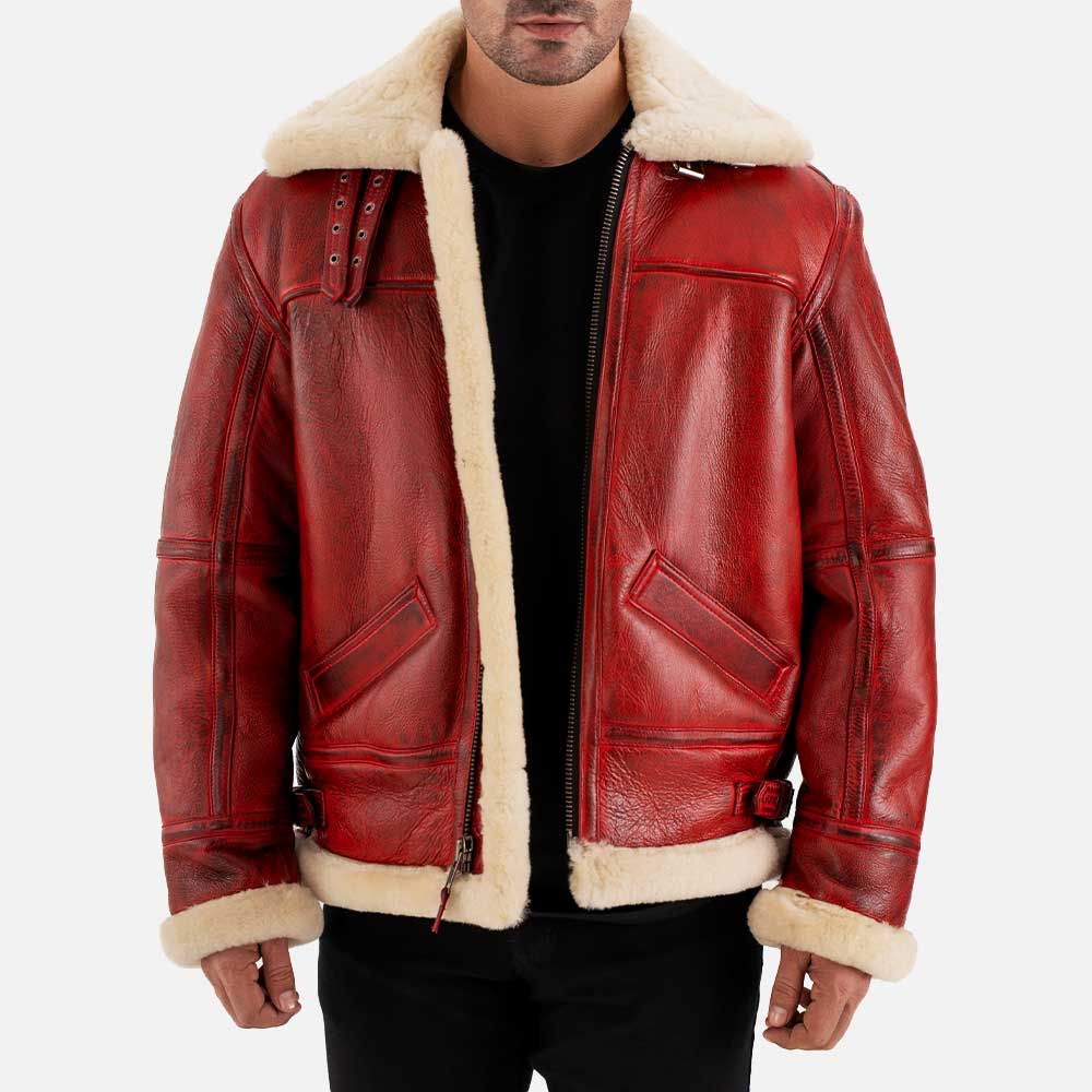 Trentino B3 Distressed Red Real Shearling Bomber Jacket open front