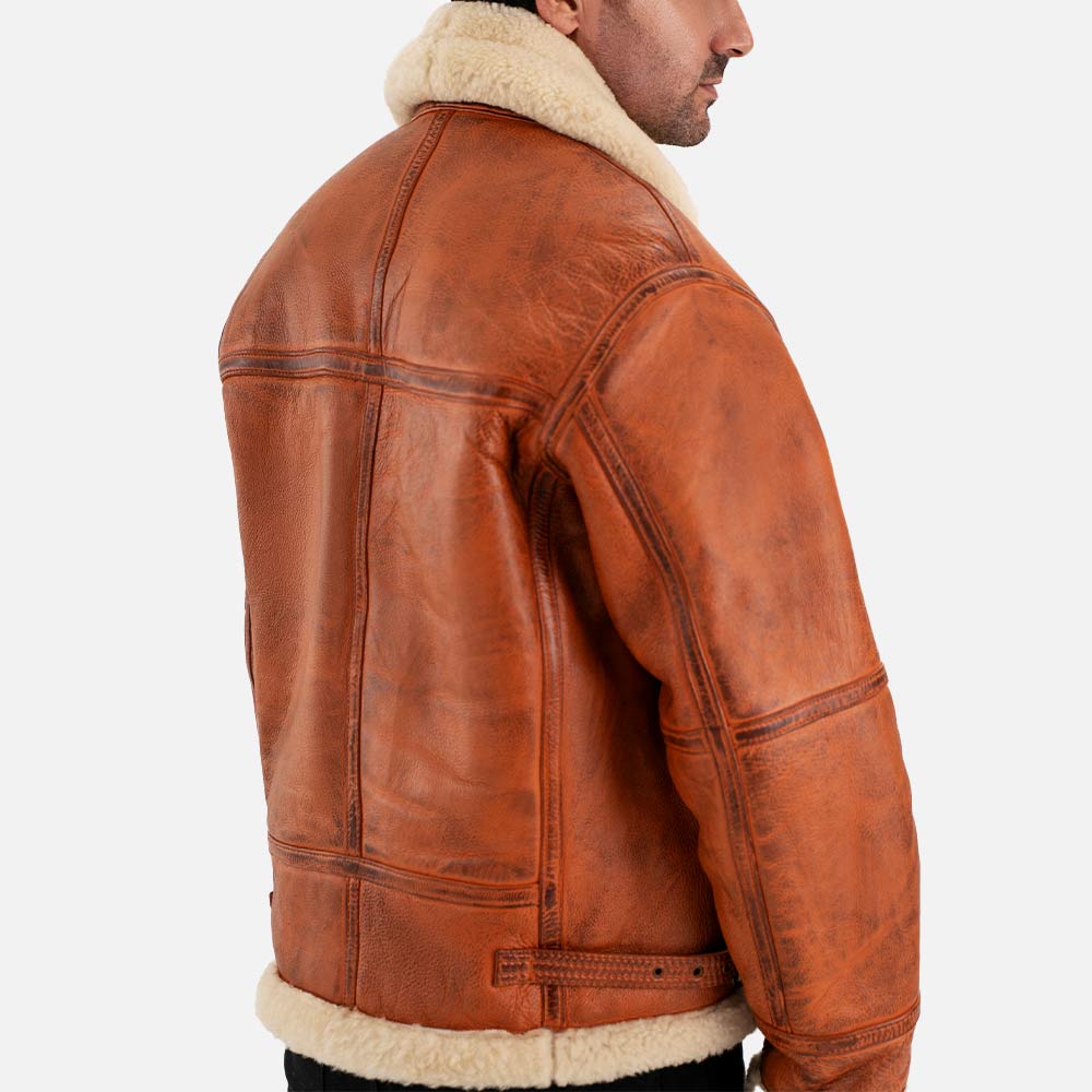 Trentino B3 Distressed Tan Real Shearling Bomber Jacket back left
