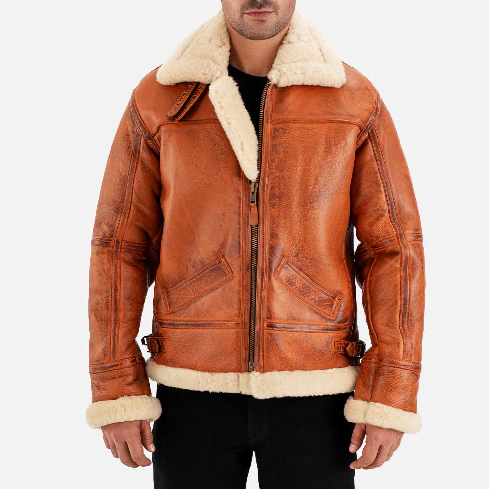 Trentino B3 Distressed Tan Real Shearling Bomber Jacket  both hand