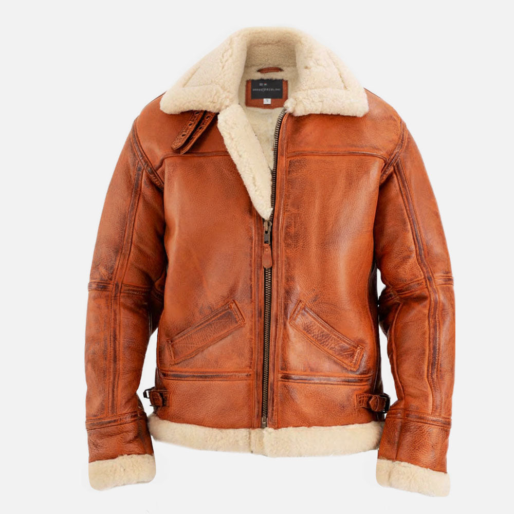 Trentino B3 Distressed Tan Real Shearling Bomber Jacket front 