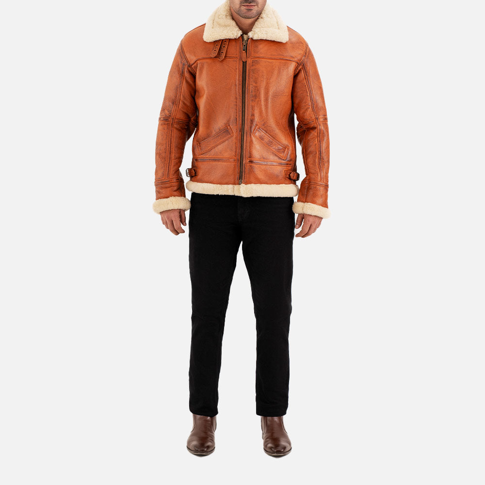 Trentino B3 Distressed Tan Real Shearling Bomber Jacket full body 
