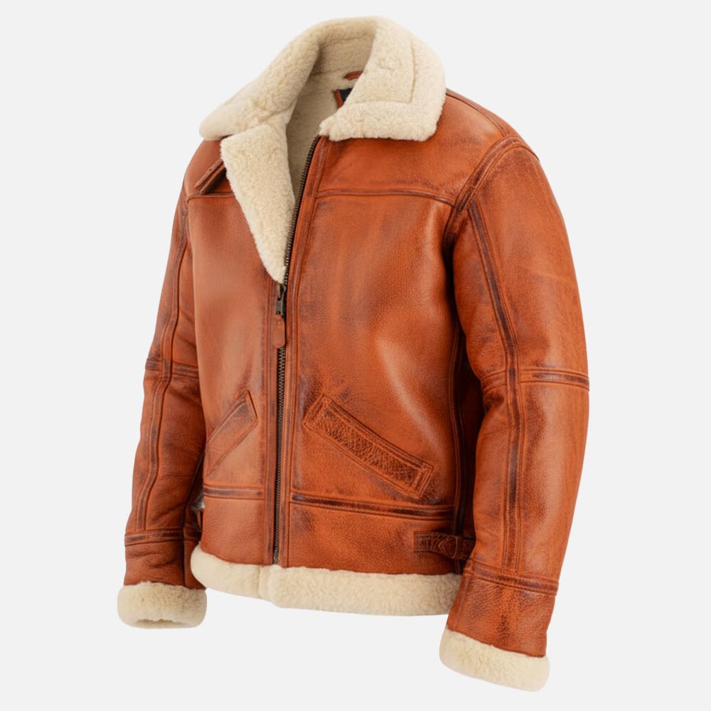 Trentino B3 Distressed Tan Real Shearling Bomber Jacket  left view