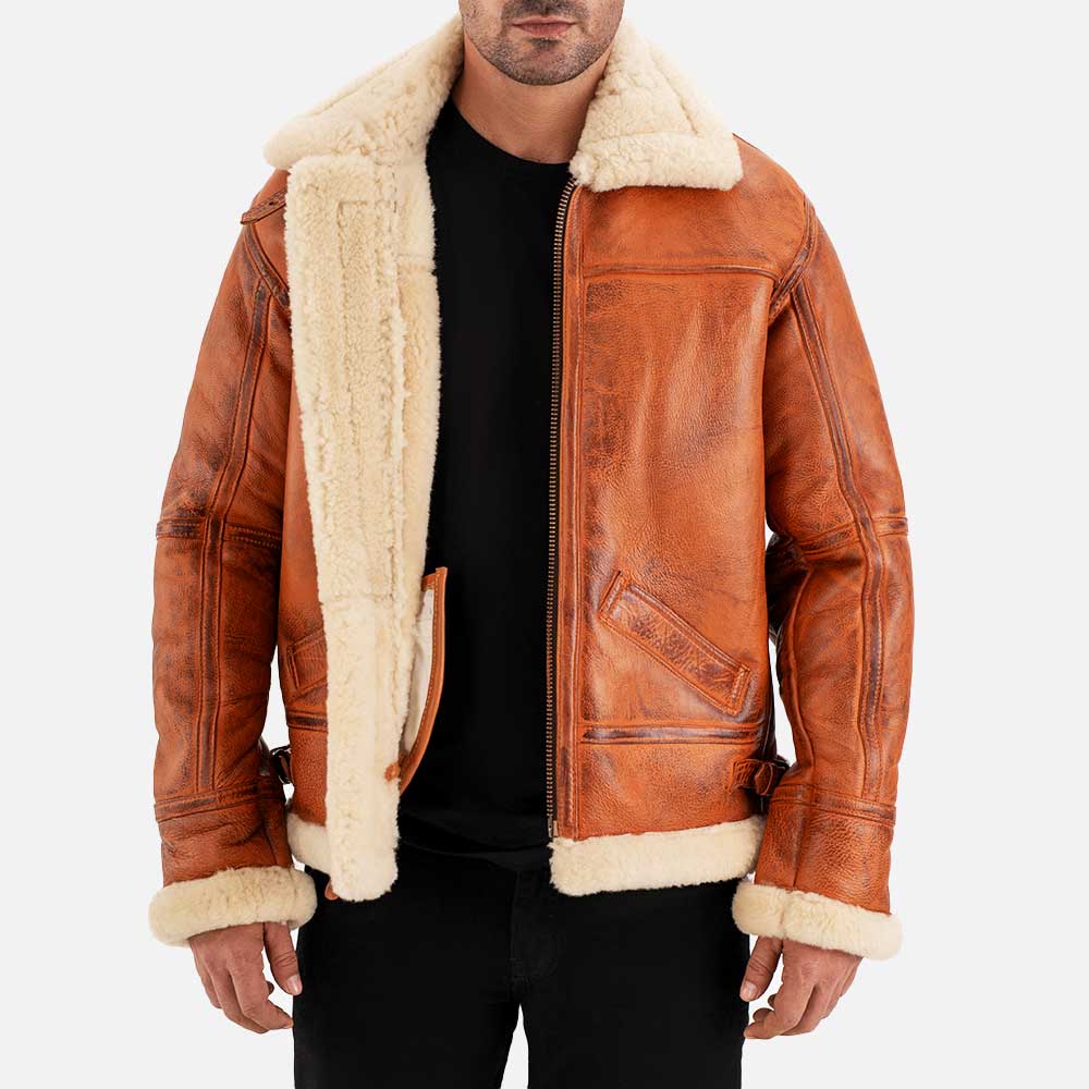 Trentino B3 Distressed Tan Real Shearling Bomber Jacket open 