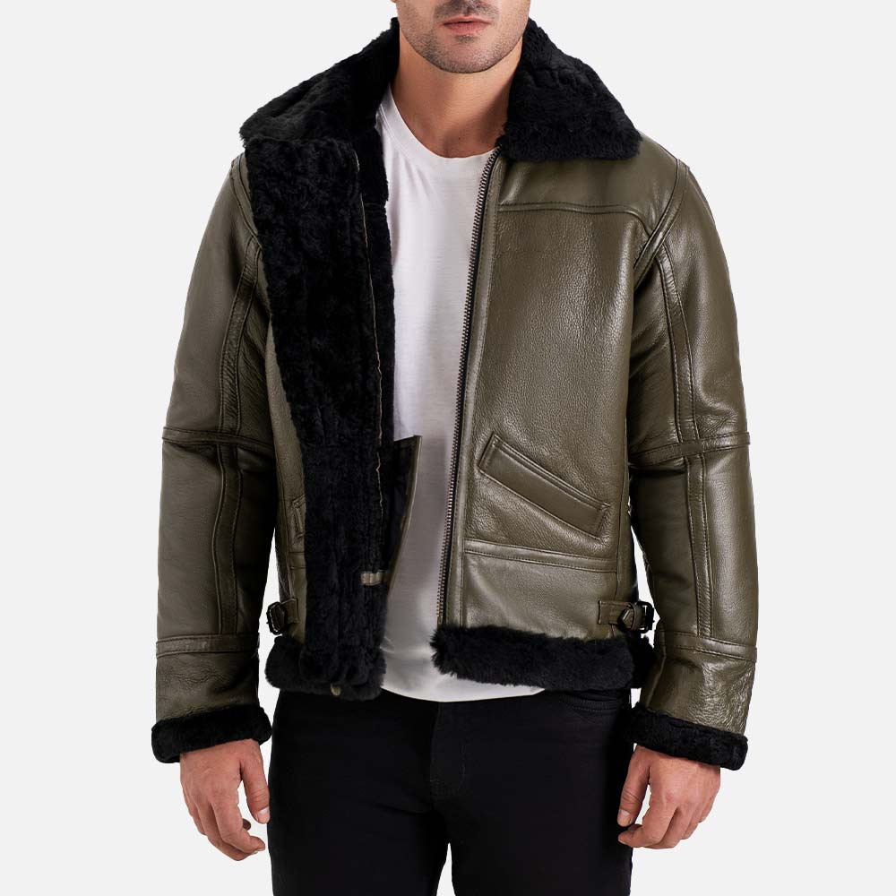 Trentino B3 Green Real Shearling Bomber Jacket open