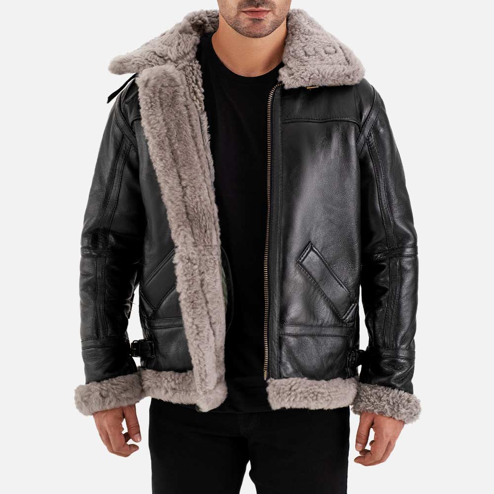 Trentino B3 Grey Real Shearling Bomber Jacket front open