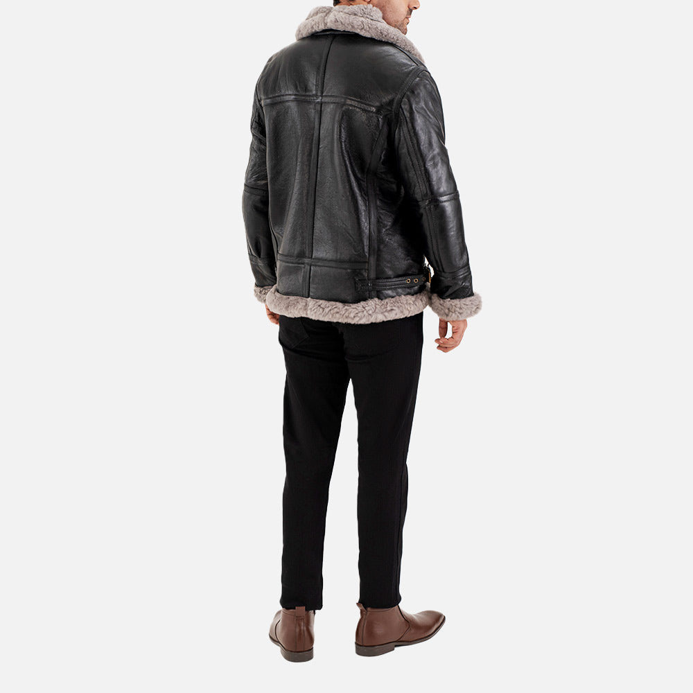 Trentino B3 Grey Real Shearling Bomber Jacket full back view