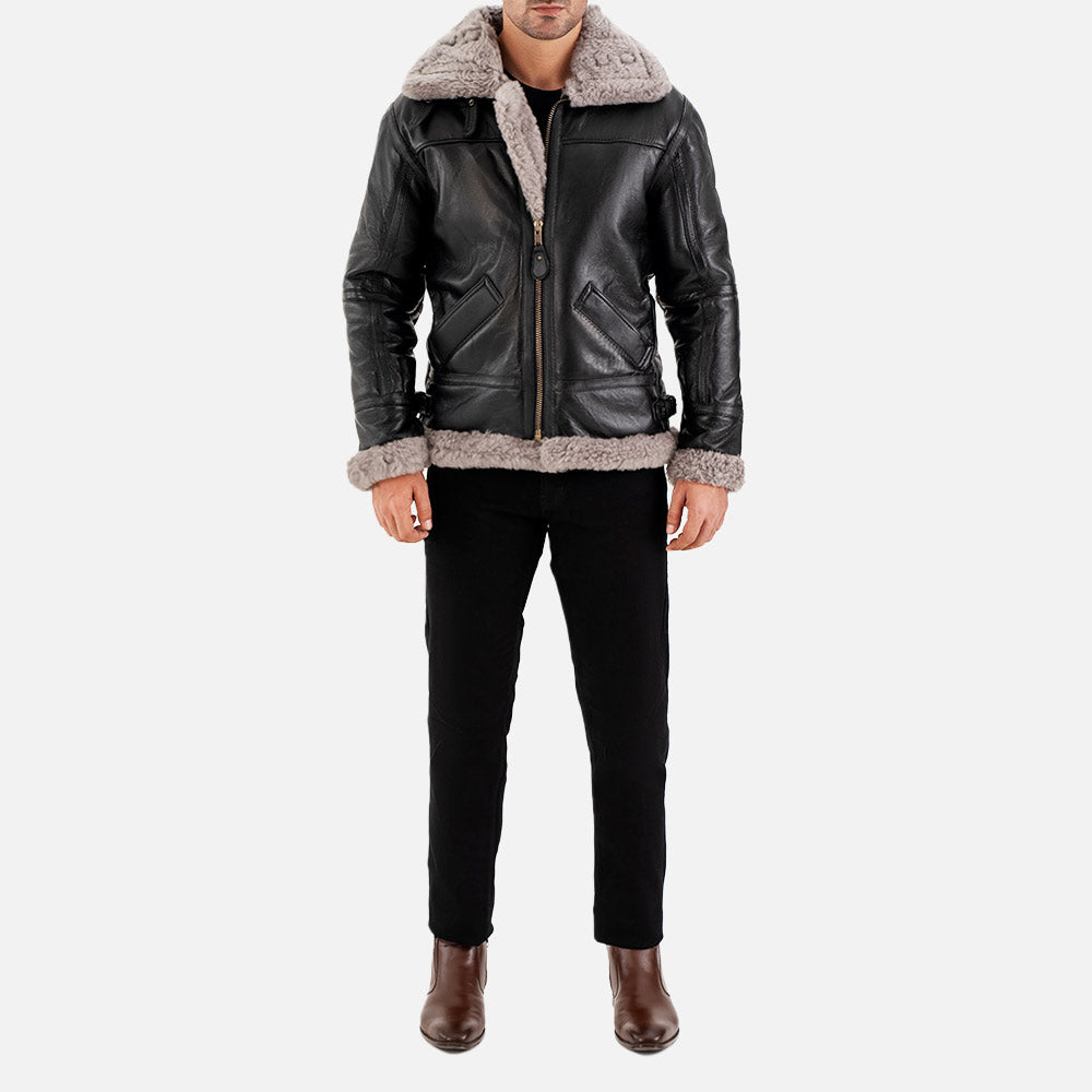Trentino B3 Grey Real Shearling Bomber Jacket full body view
