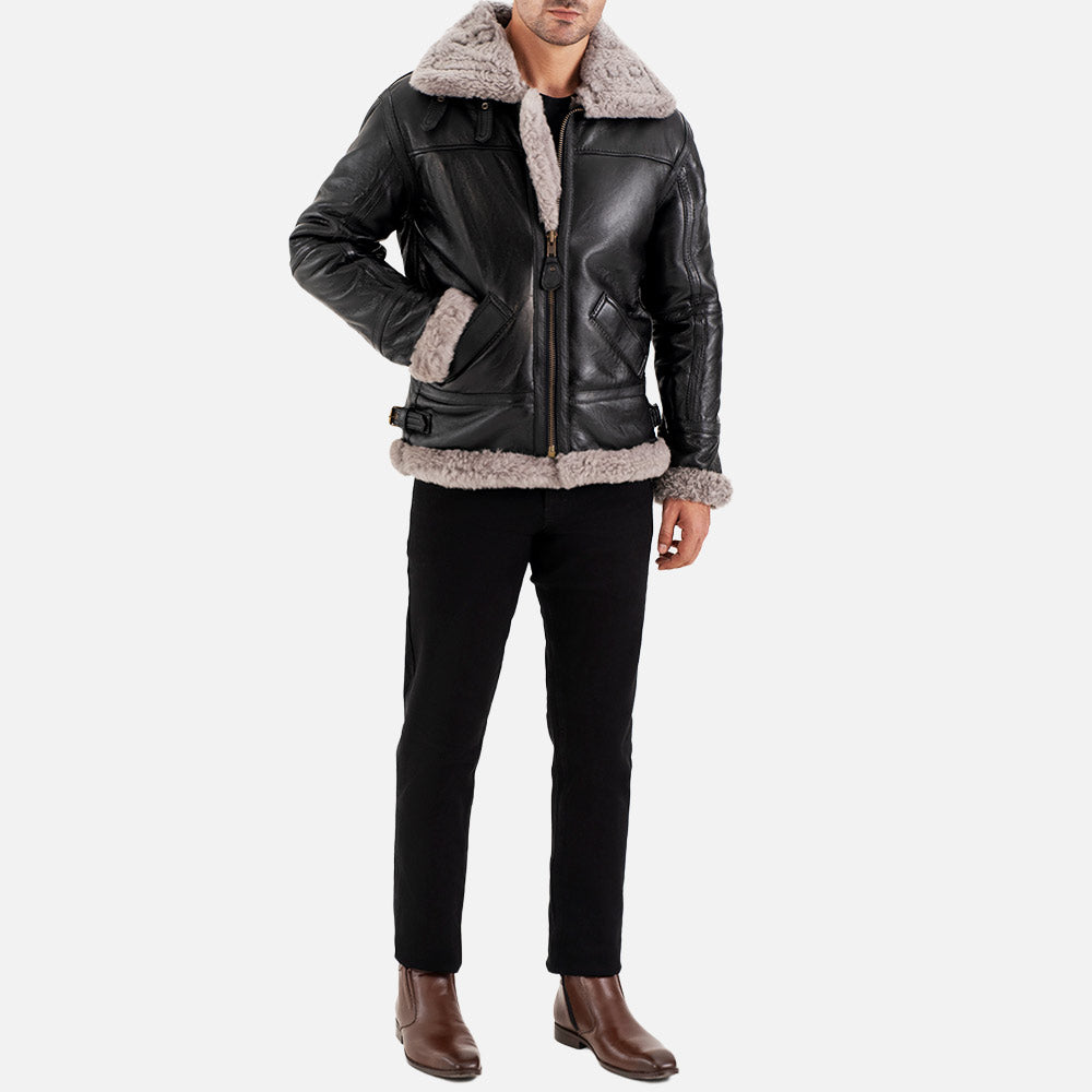 Trentino B3 Grey Real Shearling Bomber Jacket full front view 