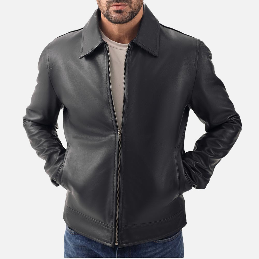 Tropea Black Leather Jacket both hand in pocket