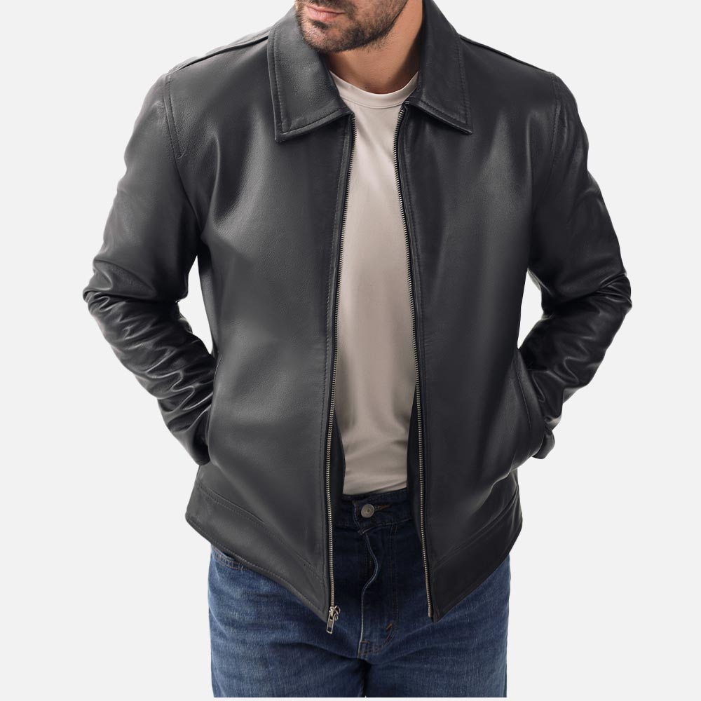 Tropea Black Leather Jacket both hand in pockett