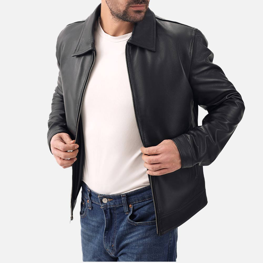 Tropea Black Leather Jacket front open