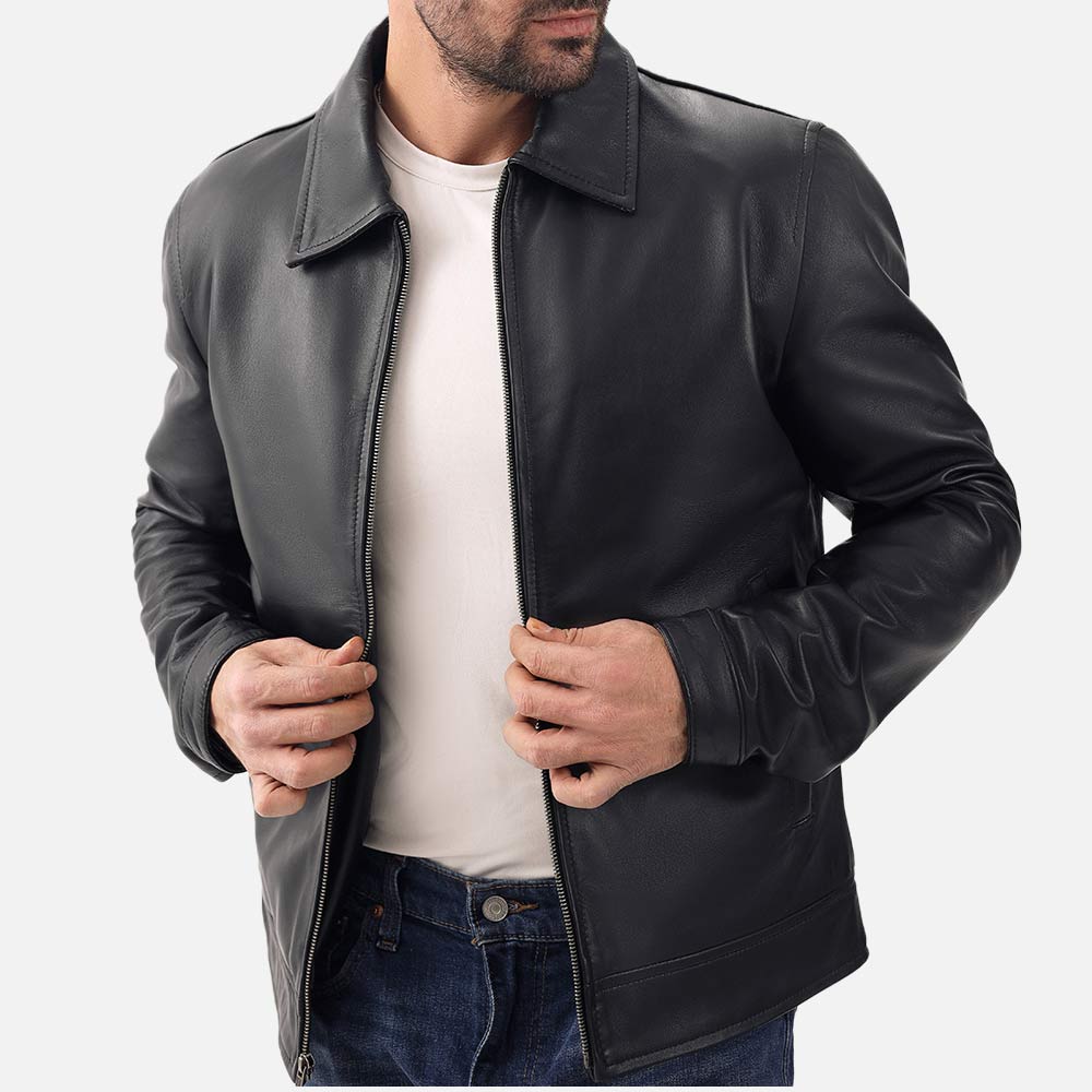 Tropea Black Leather Jacket holding jacket