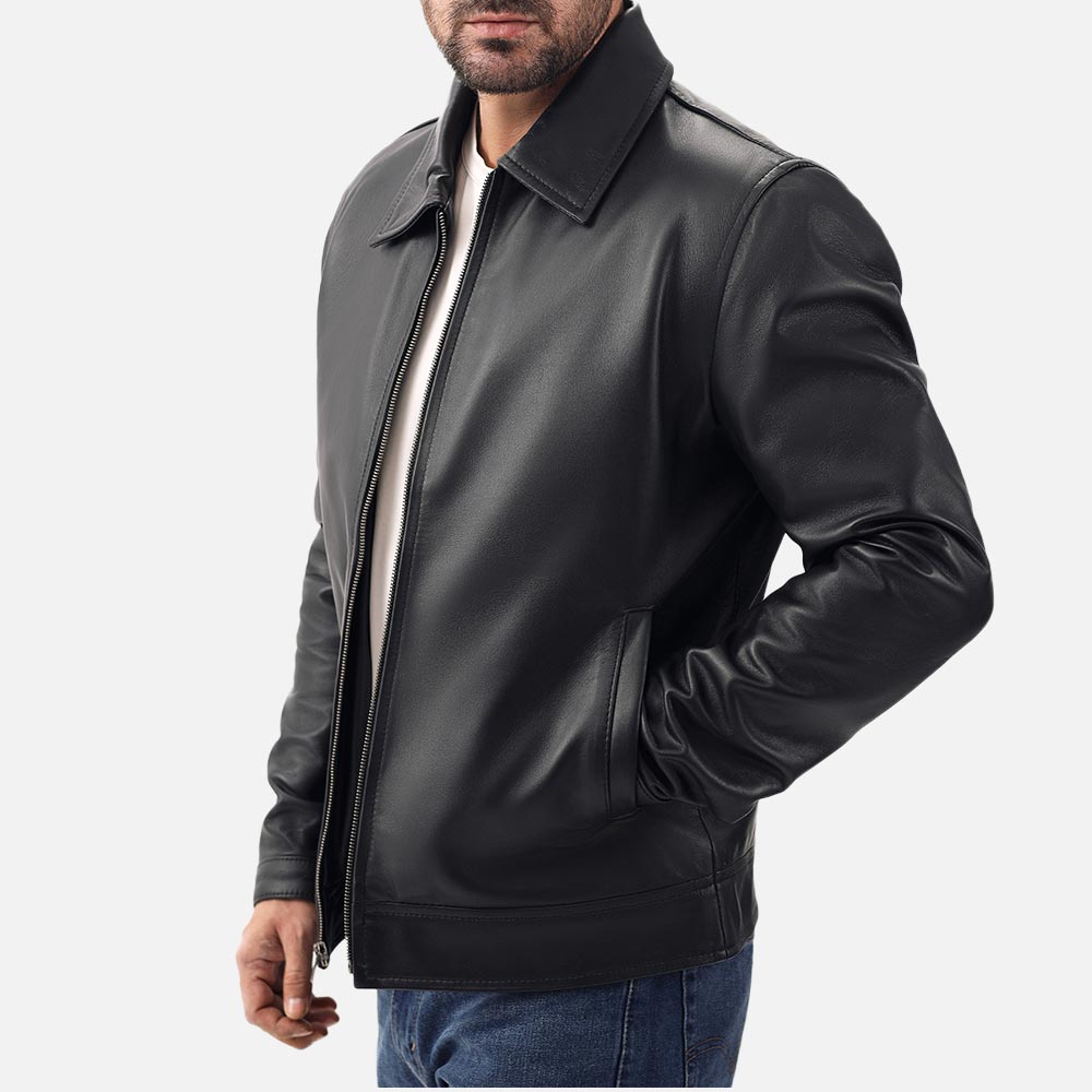 Tropea Black Leather Jacket left hand in pocket