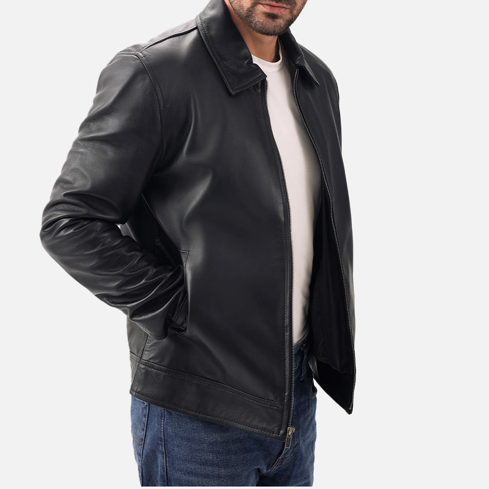 Tropea Black Leather Jacket right hand in pocket