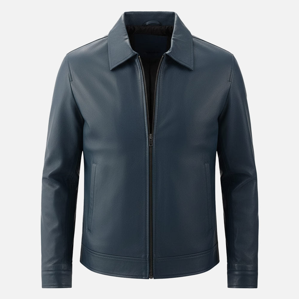 Tropea Blue Leather Jacket front