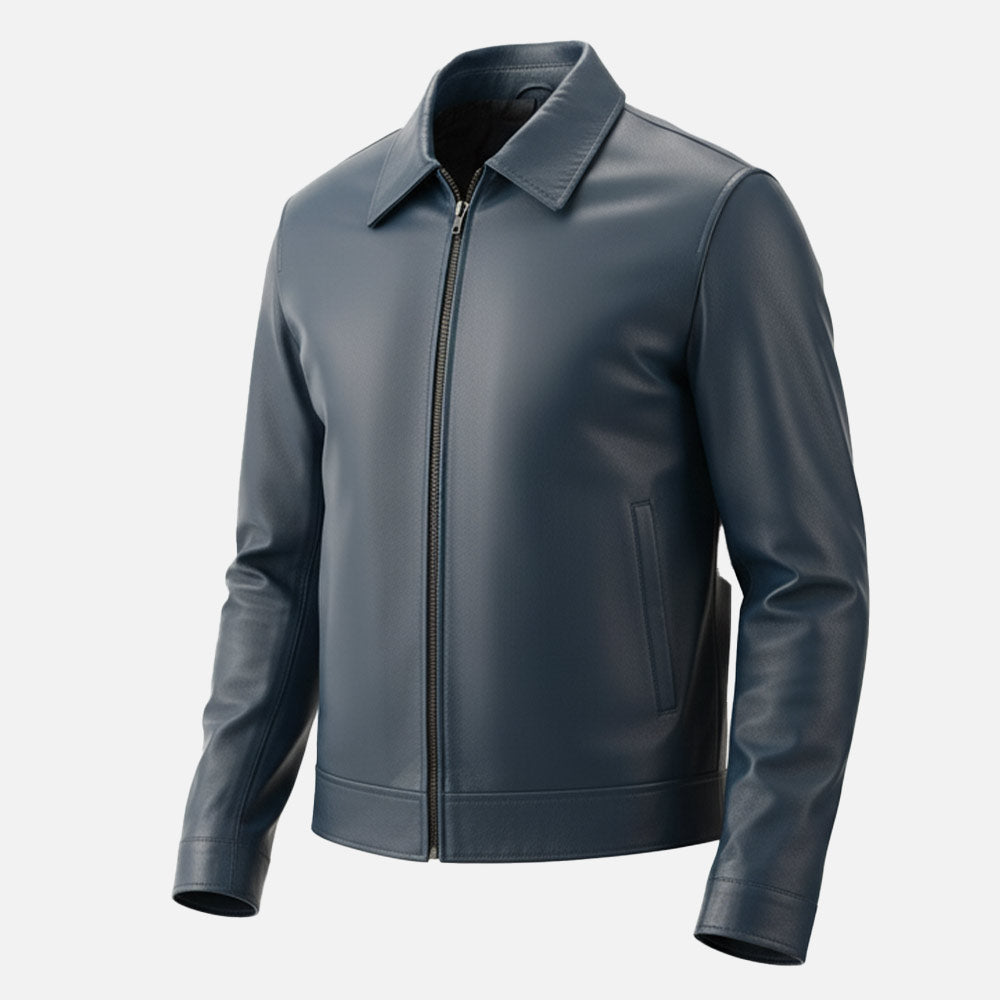 Tropea Blue Leather Jacket front view