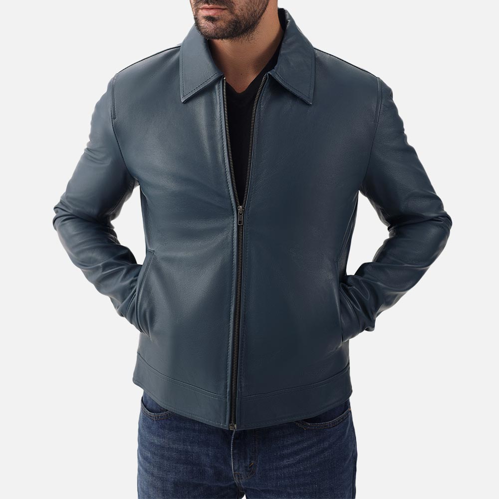 Tropea Blue Leather Jacket hand in pocket