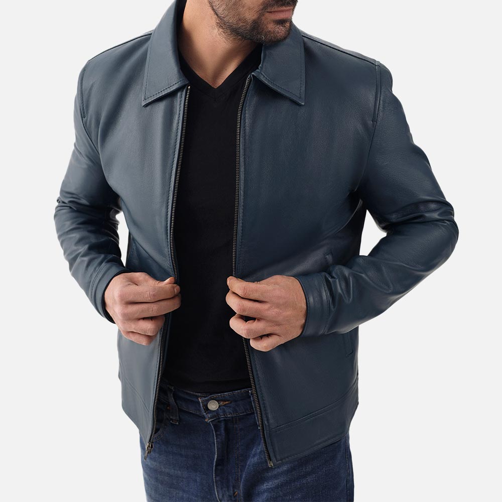 Tropea Blue Leather Jacket holding jacket 