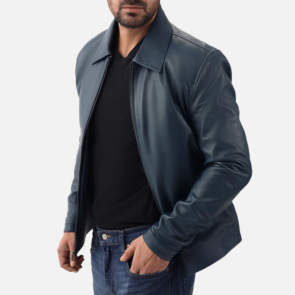 Tropea Blue Leather Jacket  one hand in pocket