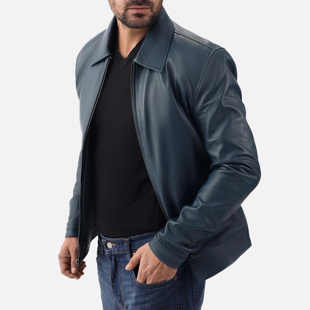 Tropea Blue Leather Jacket onee hand in pocket 