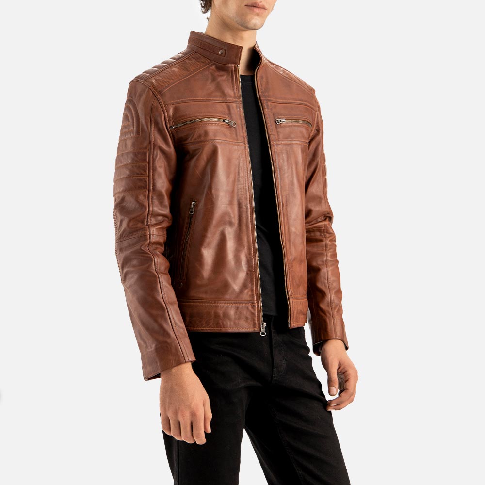 Tropea Blue Leather Jacket onee hand in pocket  front  view