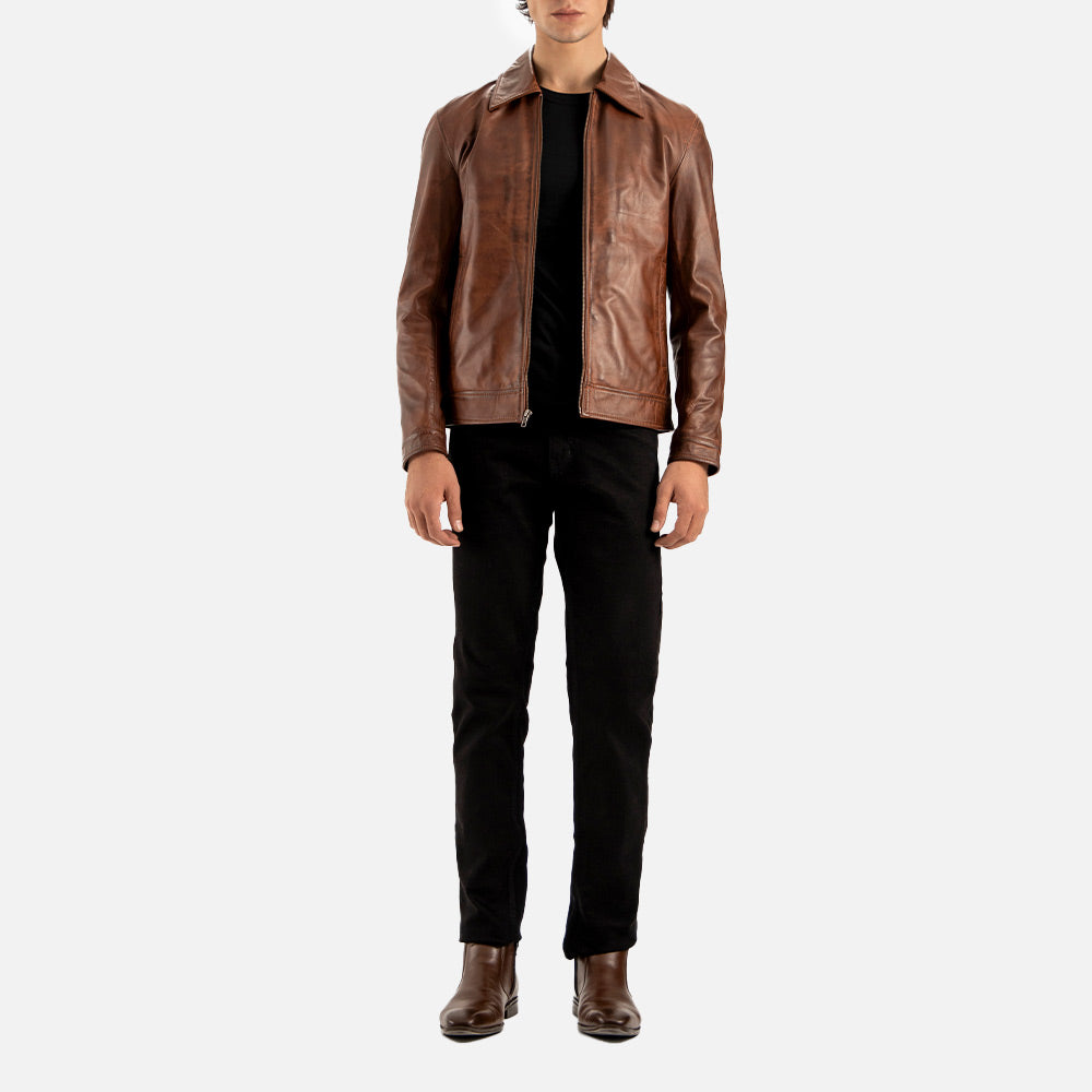 Tropea Brown Leather Jacket fl front view