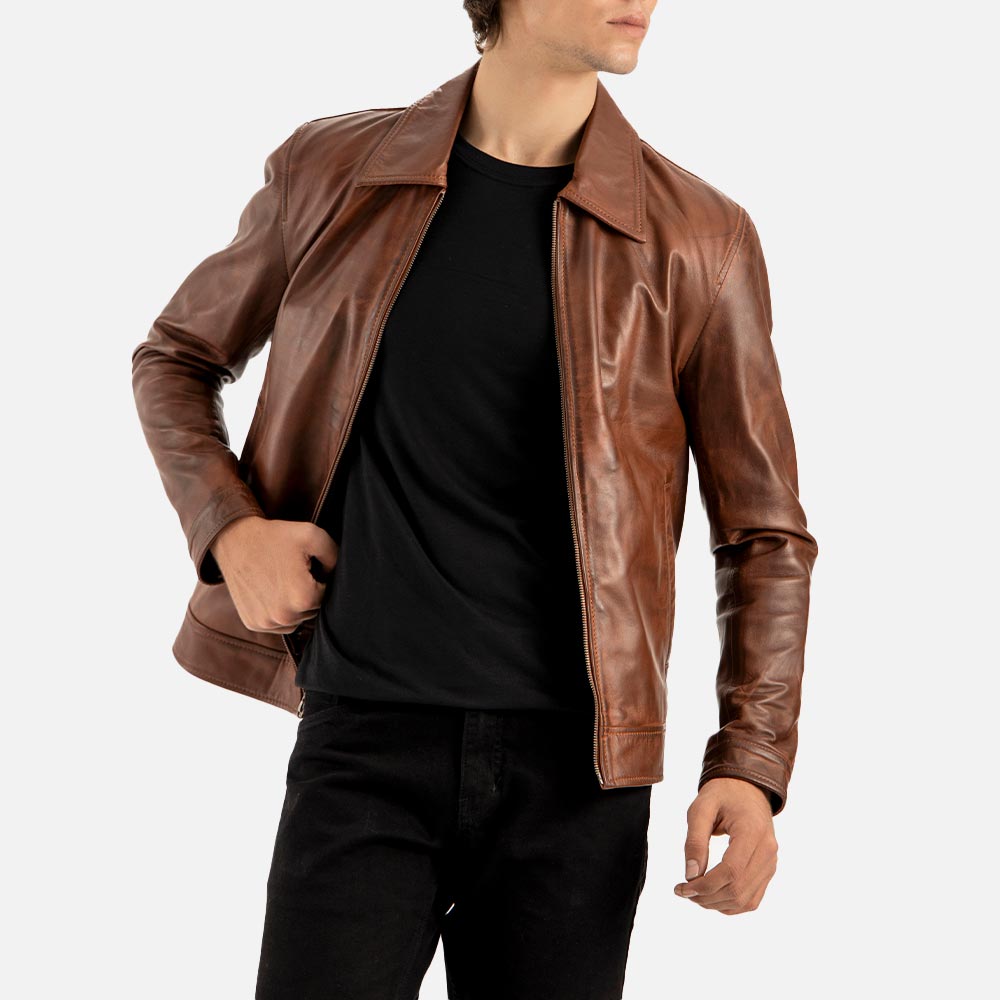 Tropea Brown Leather Jacket front open