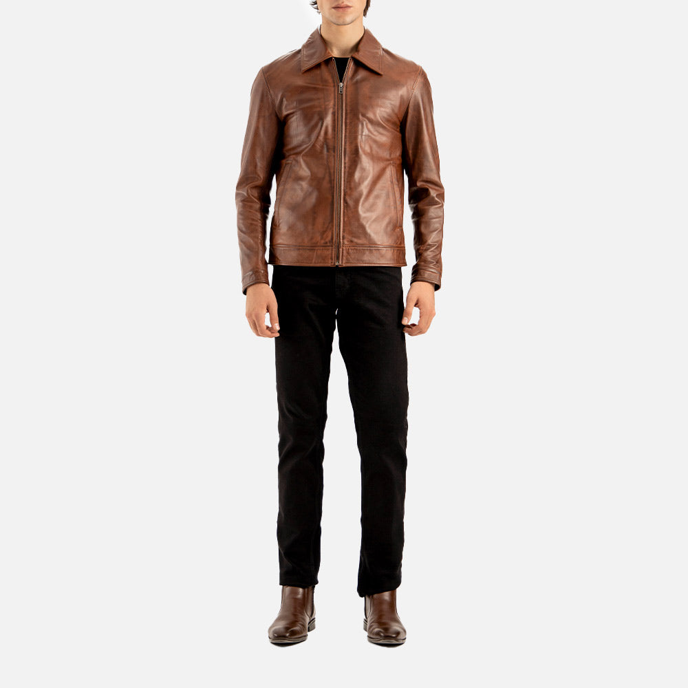 Tropea Brown Leather Jacket full front view