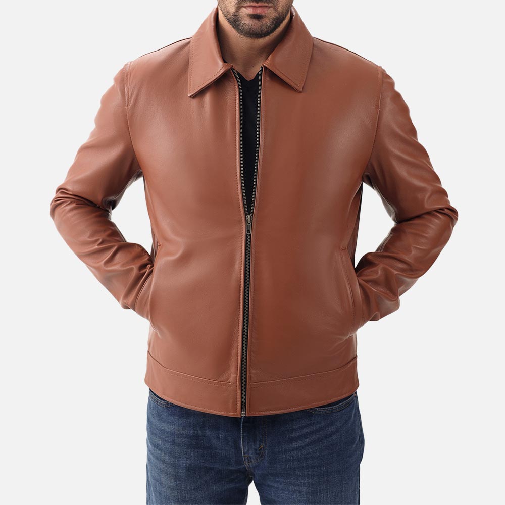 Tropea Tan Leather Jacket both hand in pocket