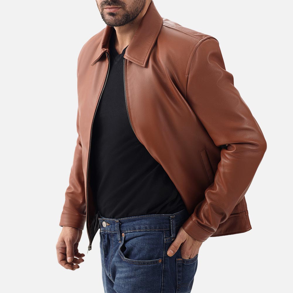 Tropea Tan Leather Jacket one hand in pocket