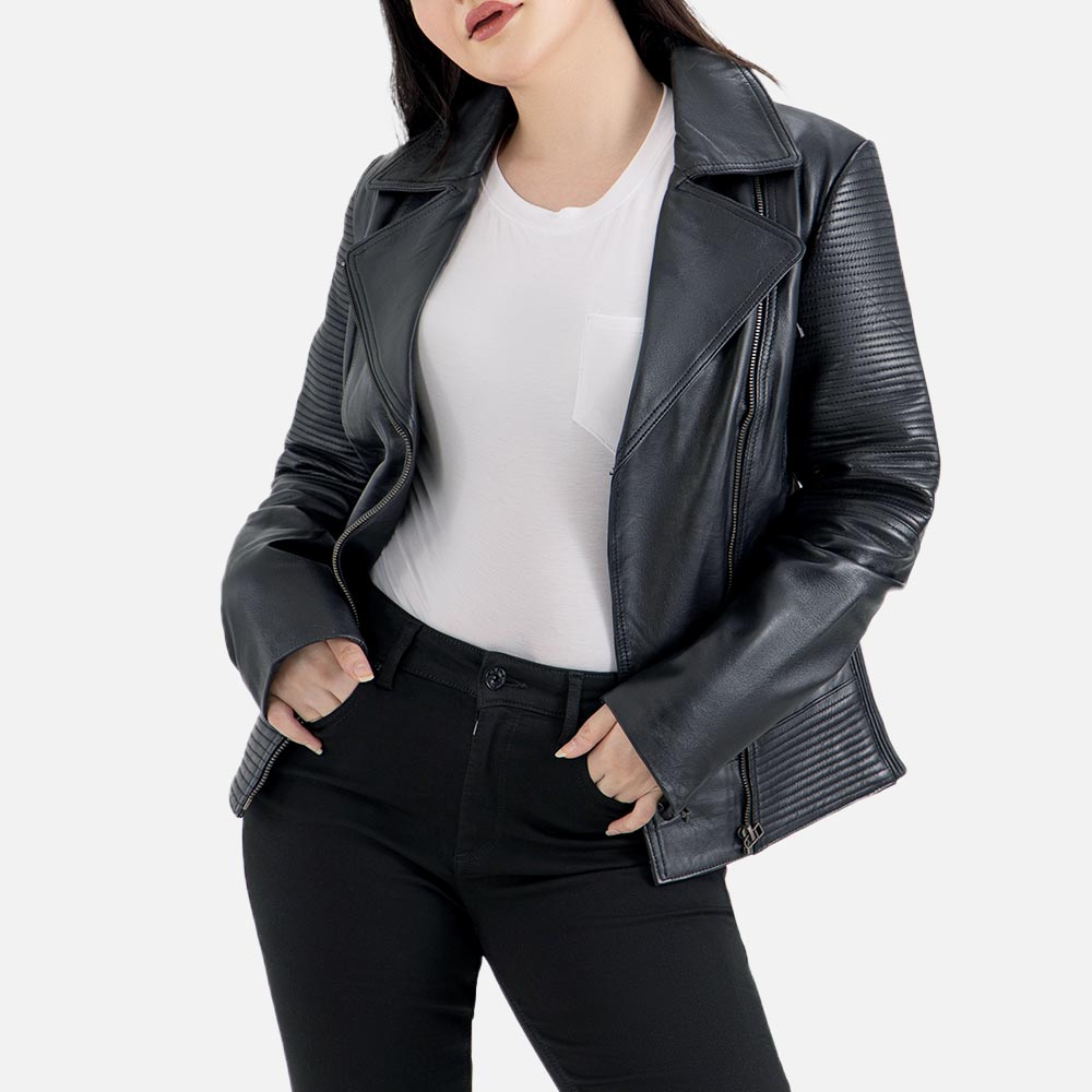 Valle Black Leather Biker Jacket Open