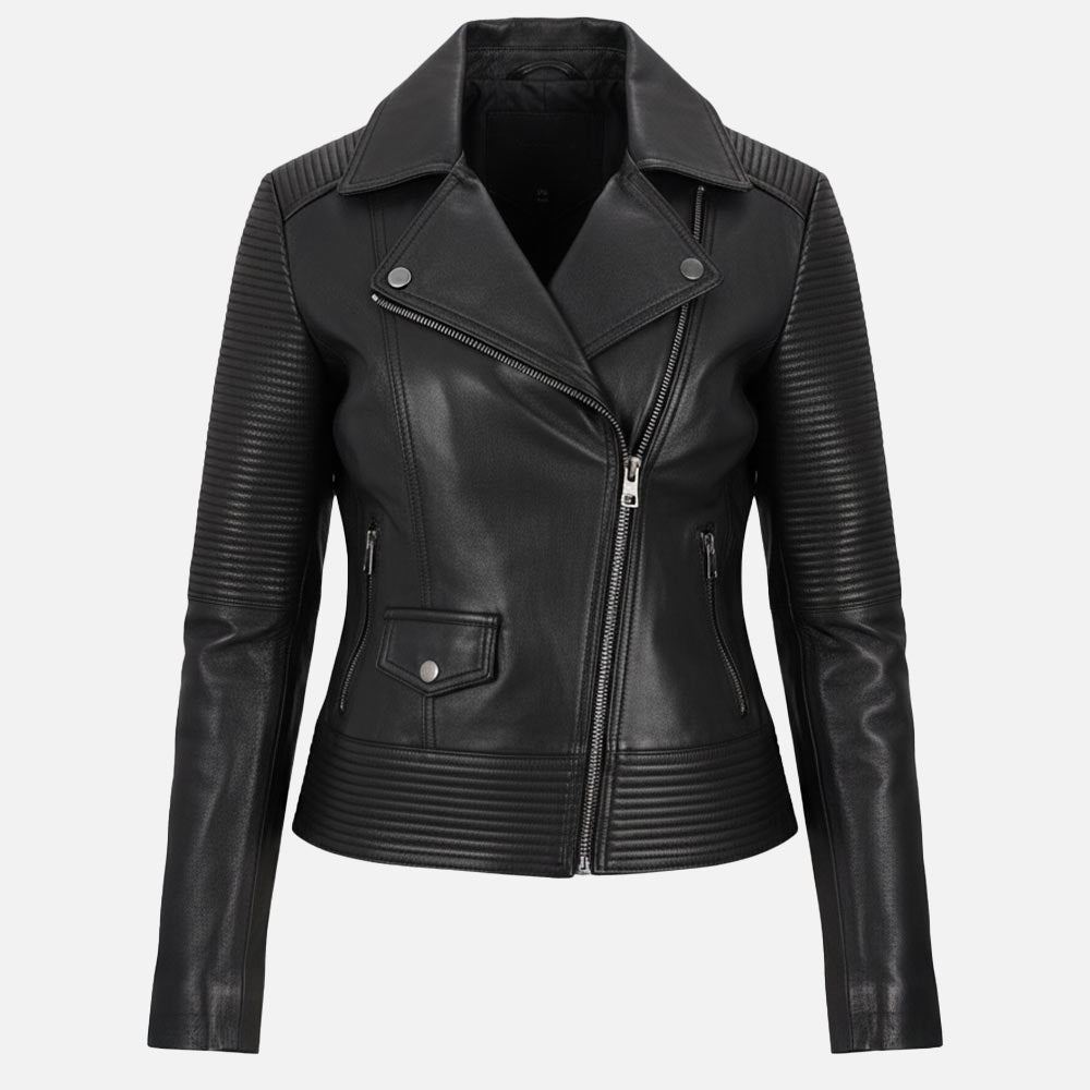 Valle Black Leather Biker Jacket dummy front