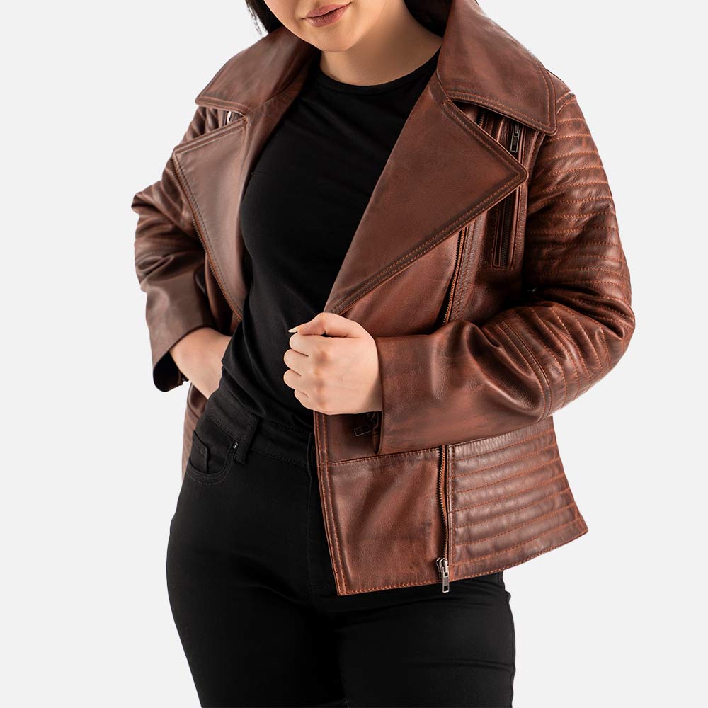 Valle Brown Leather Biker Jacket half open