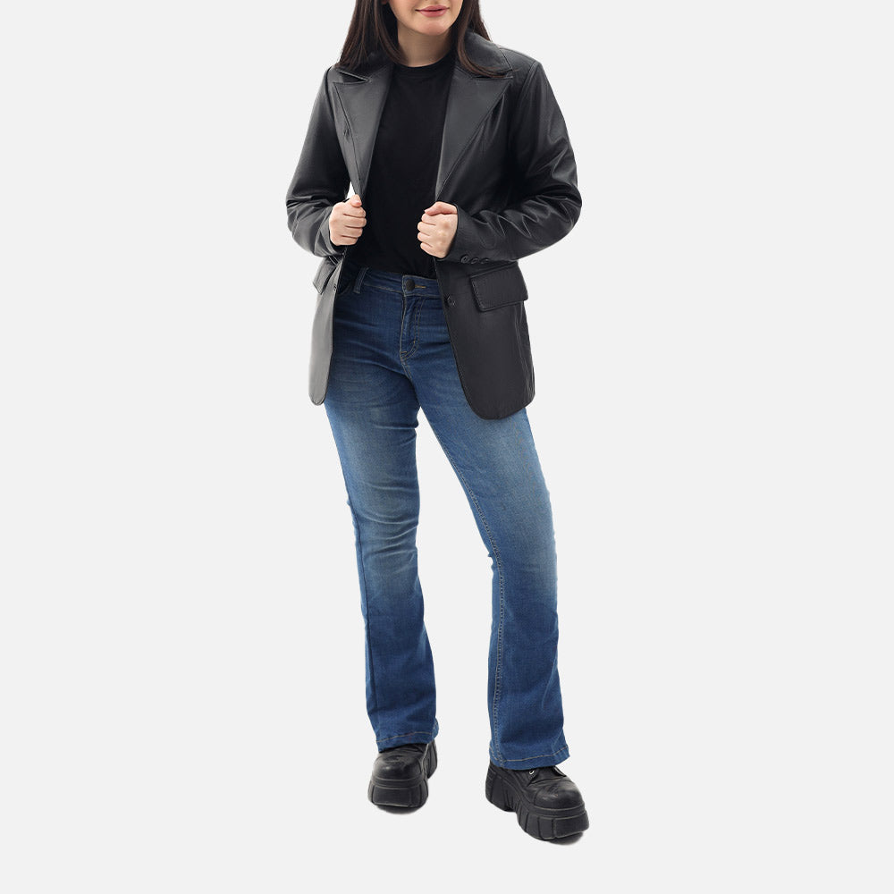Vento Black Leather Blazer full open body