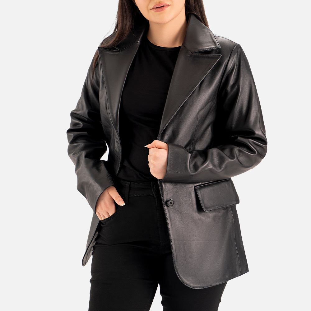 Vento Black Leather Blazer open