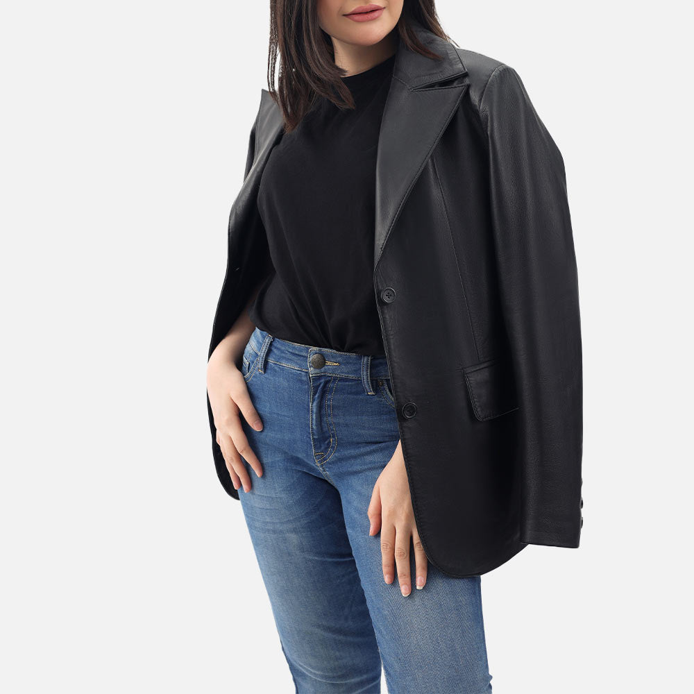 Vento Black Leather Blazer open front