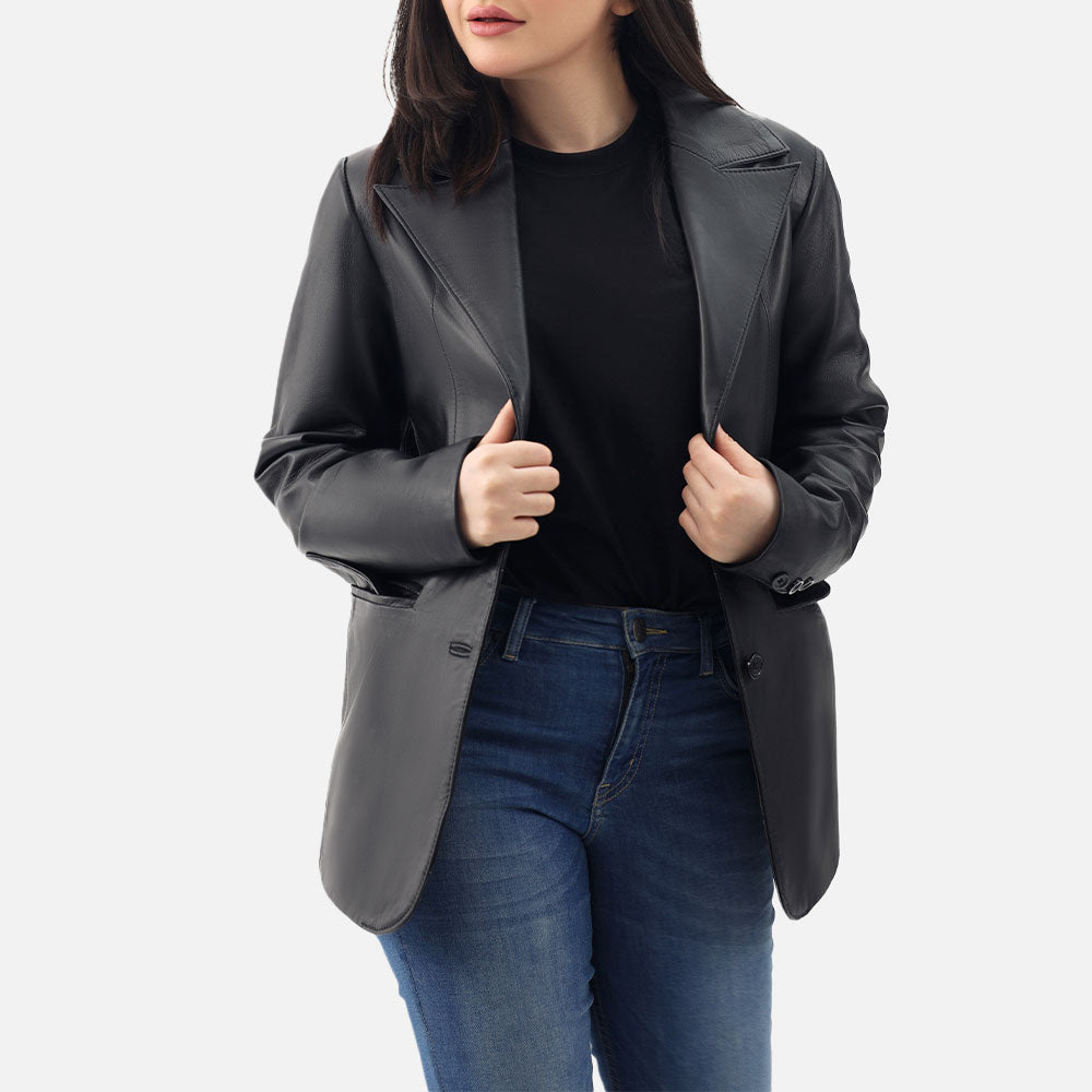 Vento Black Leather Blazer open frontt