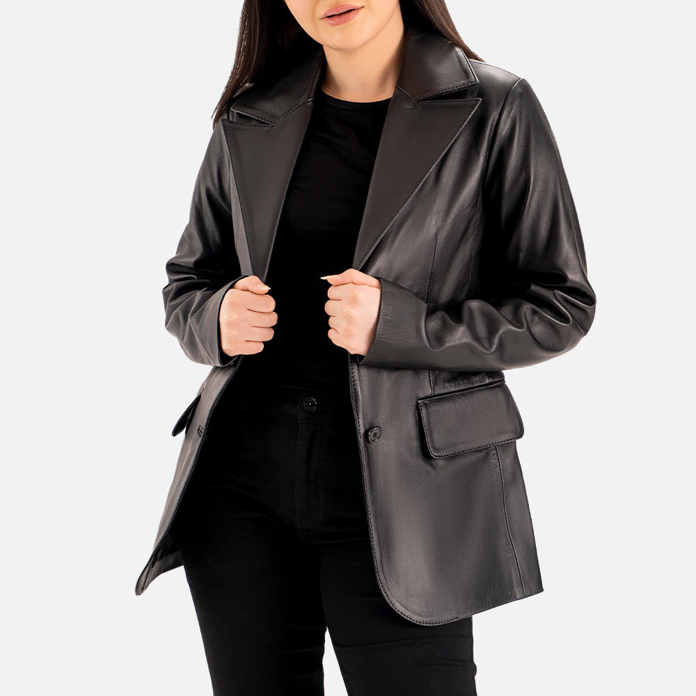 Vento Black Leather Blazer openn