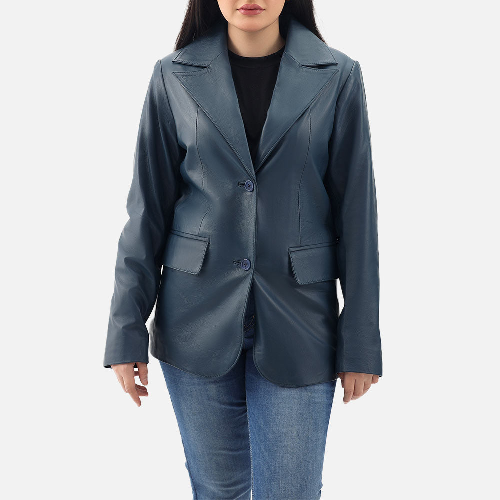 Vento Blue Leather Blazer half bodyy