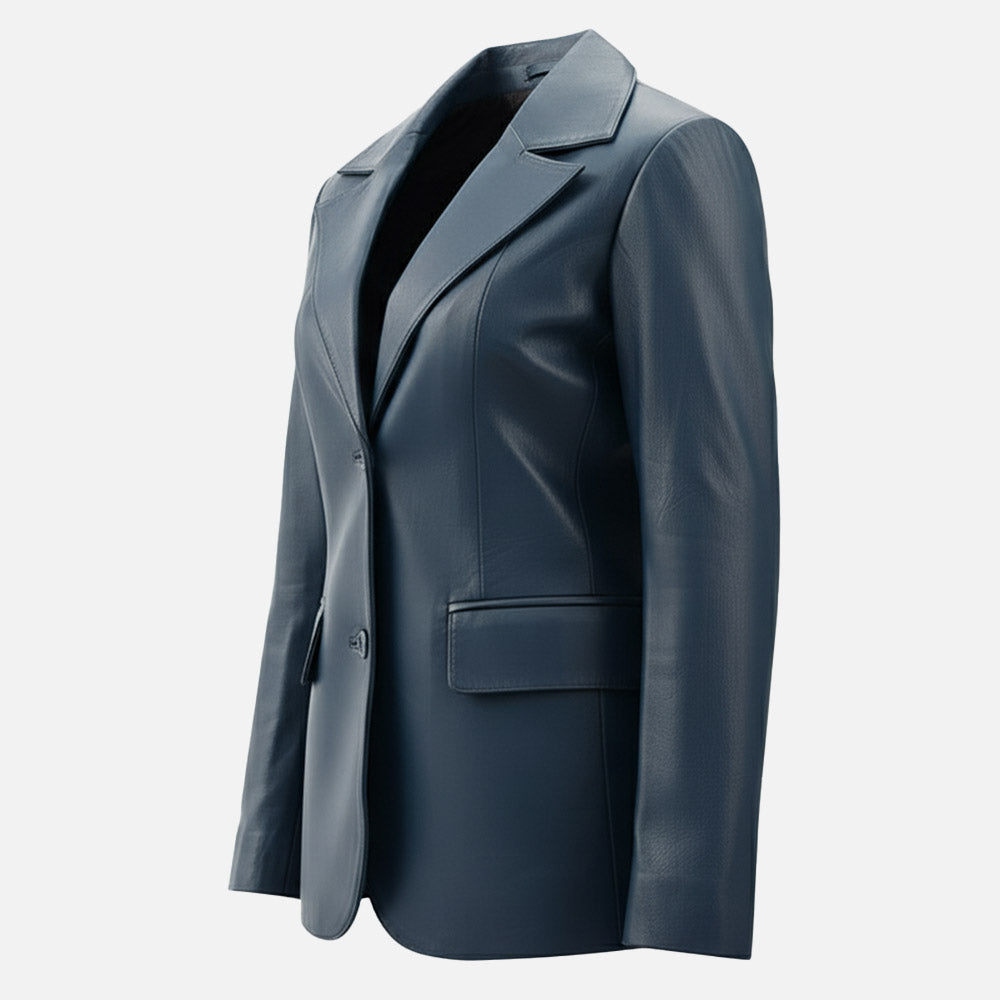 Vento Blue Leather Blazer left side