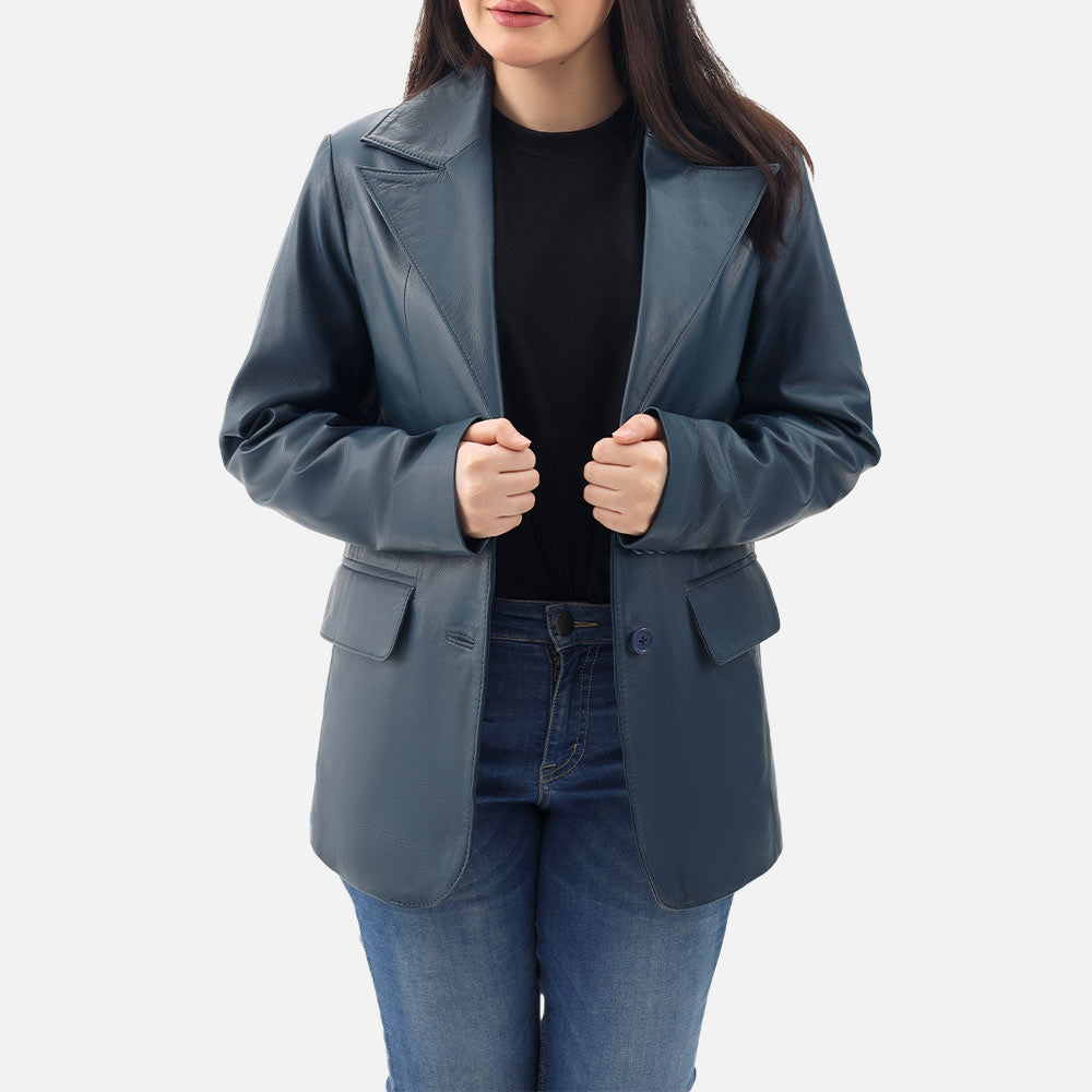 Vento Blue Leather Blazer openn