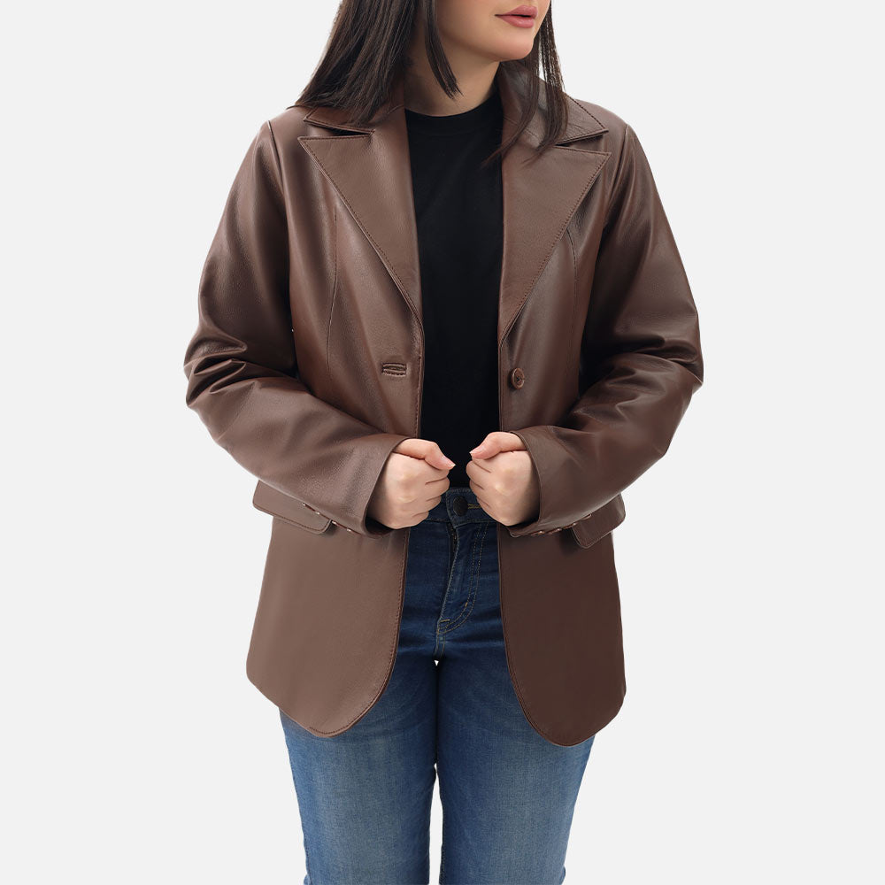 Vento Brown Leather Blazer frontt open
